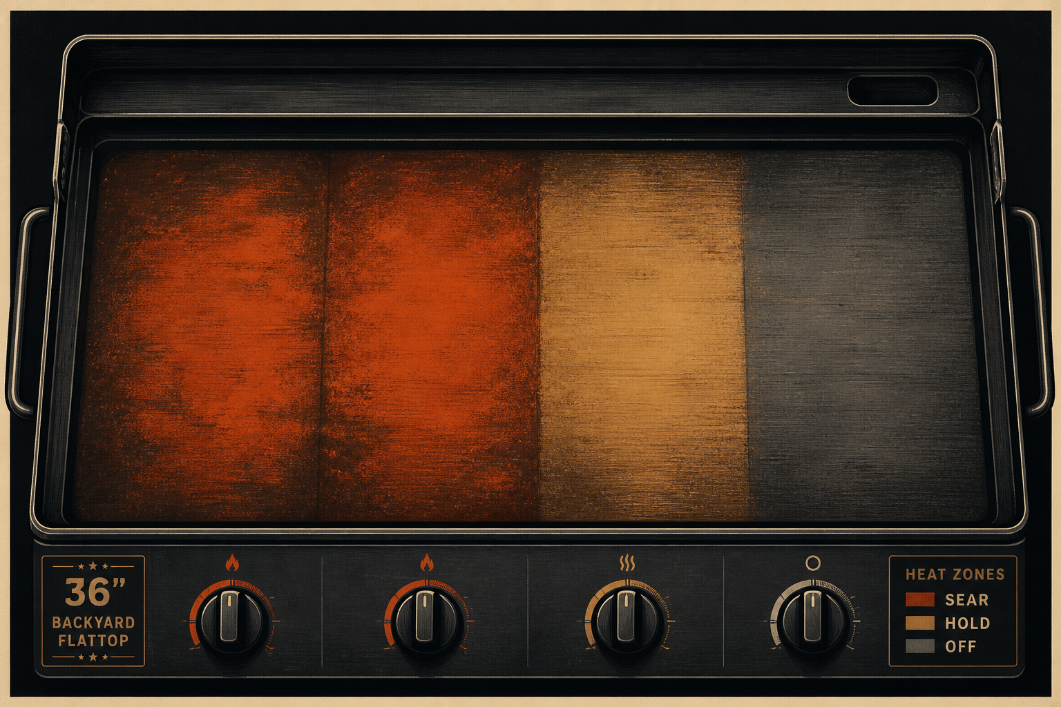 36-inch flattop, four burners: two hot, one hold, one off.